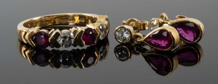18CT GOLD FIVE STONE DIAMOND & RUBY RING, ring size N, together with a pair of yellow metal