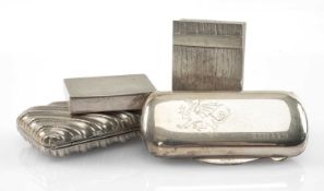 FOUR SILVER SNUFF BOXES, including two by S J Rose, B'ham 1977 & 1972; green enamel and Welsh dragon