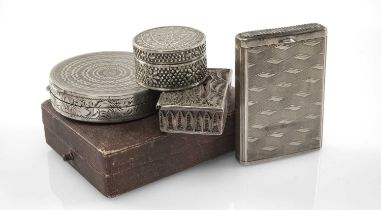 FOUR SILVER BOXES, comprising German 835 standard silver engine turned vesta case, 5.7cms, in
