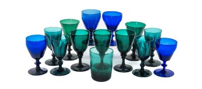 MIXED GROUP OF BRISTOL GLASSWARE, comprising pair of conical green wines, 3 x rounded funnel green