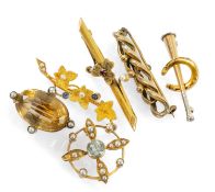 SIX YELLOW METAL BAR BROOCHES, of various design including flowerheads and foliage, hunting
