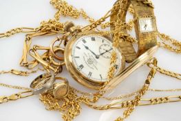 ASSORTED GOLD JEWELLERY & WATCHES, including 4x 9ct gold chains, 31.6g, small gold coin-set ring 2.