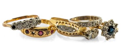 SIX 18CT GOLD RINGS, set with various gem stones including diamonds, sapphires and rubies, 15.3gms