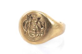 18CT GOLD SIGNET RING, engraved initials, ring size K, 5.4gms Provenance: private collection