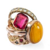 FOUR GOLD RINGS comprising 9ct gold ruby and seed pearl ring, together with three further gem set