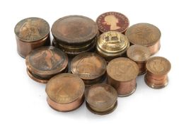 ASSORTED NOVELTY BRITISH COIN MOUNTED METAL BOXES, including cartwheel twopence, cartwheel penny,