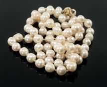 SINGLE STRAND CULTURED PEARL LONG NECKLACE, with 9ct gold reeded ball clasp, pearls appr. 10mm