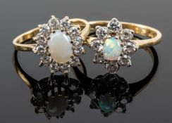 TWO 9CT GOLD OPAL & WHITE STONE CLUSTER RINGS, ring sizes P 1/2 and J, 4.4gms gross (2)