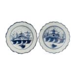 TWO LATE 18TH C. BLUE & WHITE PEARLWARE PLATES, feather-edged rims painted with pagoda landscapes,