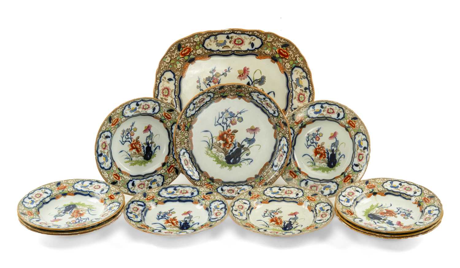 19TH C. MINTON & HOLLINS 'JAPANESE' PATTERN NEW STONE PART DINNER SERVICE, c. 1830, including oval