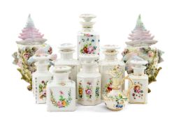 ASSORTED FRENCH PORCELAIN SCENT BOTTLES & STOPPERS, gilt and floral painted decoration, together