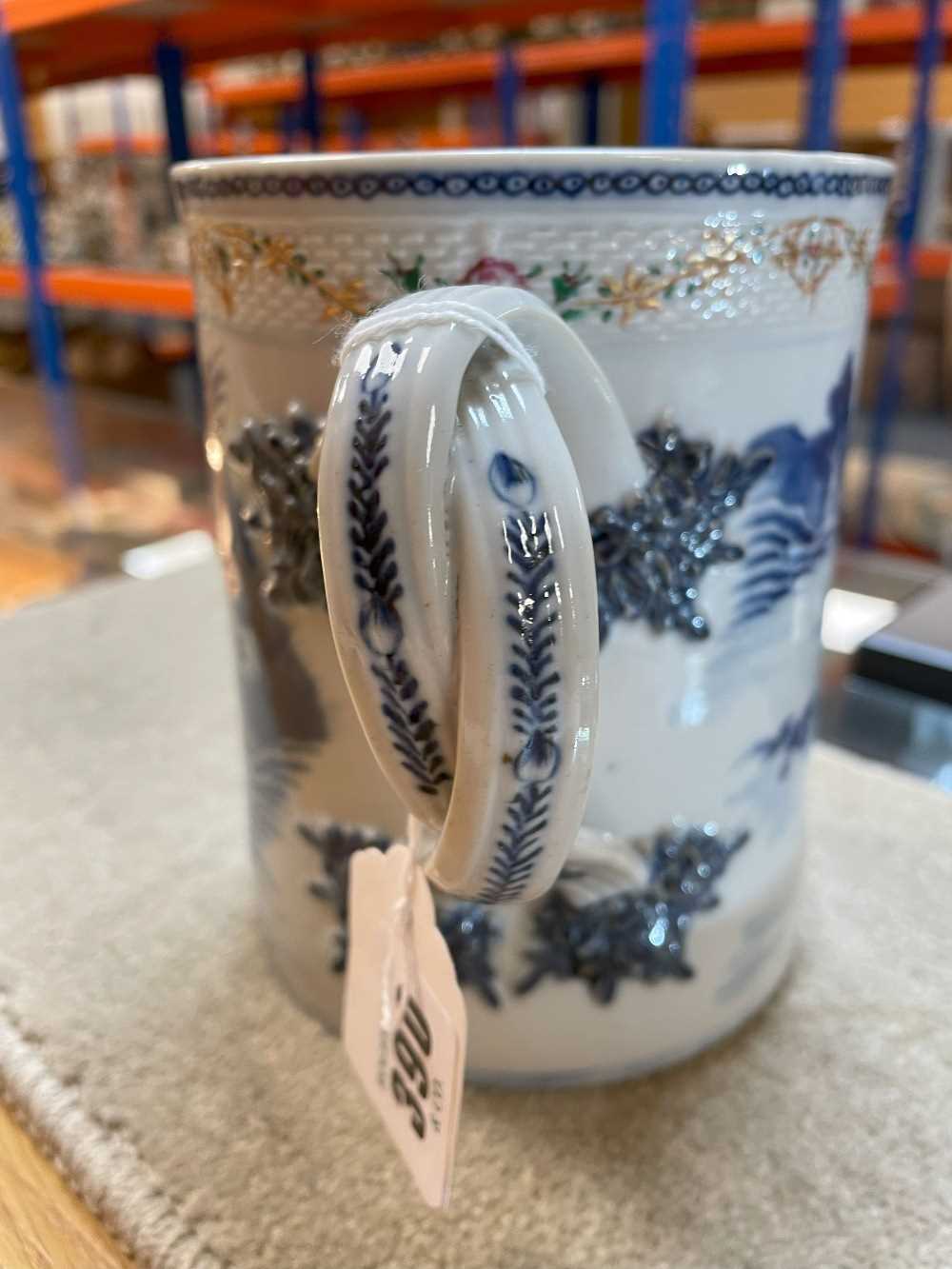 LARGE CHINESE EXPORT BLUE & WHITE TANKARD, Qianlong, painted with a river landscape with - Image 10 of 20