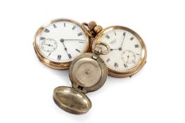 TWO POCKET WATCHES & A SOVEREIGN CASE, the gold plated top wind watches both Waltham, one movement