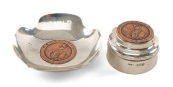 TWO CARTWHEEL TWOPENCE-INSET SILVER ASHTRAYS, 1987 Birmingham & London hallmarks, one as a