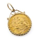 GEORGE V GOLD SOVEREIGN, 1927, 'SA' mintmark for Pretoria, South Africa, in 9ct gold pendant