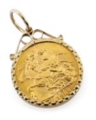GEORGE V GOLD SOVEREIGN, 1927, 'SA' mintmark for Pretoria, South Africa, in 9ct gold pendant