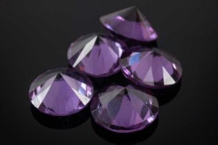 FIVE LOOSE SYNTHETIC COLOUR CHANGE CORUNDUM GEM STONES, round cut, each measuring 13mm diameter