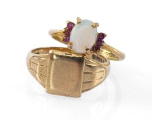 9CT GOLD SIGNET RING together with a 9ct gold opal and pink stone ring, 5.4gms gross (2) Provenance: