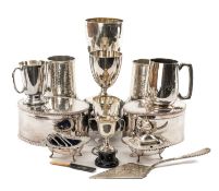 ASSORTED SILVER & PLATE, including large Walker & Hall silver trophy goblet, 22.5cms h on plinth,