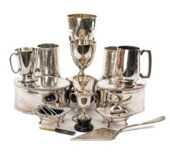 ASSORTED SILVER & PLATE, including large Walker & Hall silver trophy goblet, 22.5cms h on plinth,