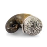 19TH CENTURY SCOTTISH HORN SNUFF MULL with applied white metal hinged cap, scroll decoration, 8cms