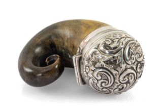19TH CENTURY SCOTTISH HORN SNUFF MULL with applied white metal hinged cap, scroll decoration, 8cms