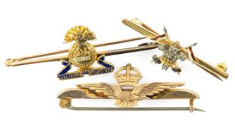 MILITARY INTEREST comprising 15ct gold and enamel The Lancashire Fusiliers bar brooch, 9ct gold