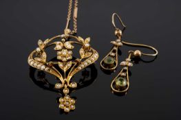 CASED EDWARDIAN 9CT GOLD SEED PEARL PENDANT on 9ct gold chain, together with a pair of 9ct gold seed
