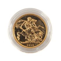 ELIZABETH II GOLD SOVEREIGN, 2015, uncirculated, capsule, 7.9g Provenance: private collection