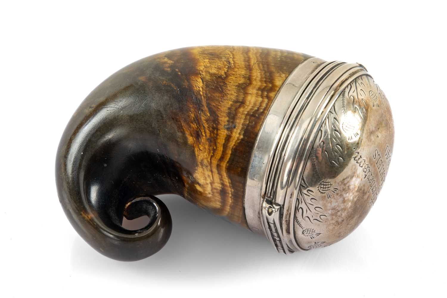 19TH CENTURY SCOTTISH HORN SNUFF MULL with applied white metal hinged cap, engraved 'Adam Herbertson