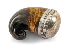 19TH CENTURY SCOTTISH HORN SNUFF MULL with applied white metal hinged cap, engraved 'Adam Herbertson