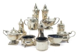 FOUR SILVER 3PC. CRUETS, including mustard pots, salt and pepper casters, various dates (12)