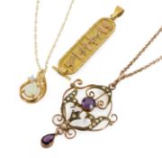 GOLD JEWELLERY comprising 9ct gold opal and diamond chip pendant on 9ct gold chain, 9ct gold seed