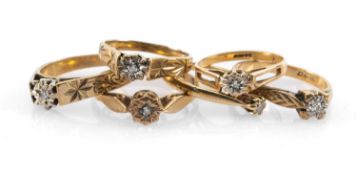 GOLD RINGS, comprising six 9ct gold diamond chip rings, 9.6gms gross (6) Provenance: private