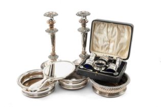 ASSORTED SILVER & OLD SHEFFIELD PLATE, including George V silver 5-piece cruet, boxed; silver napkin