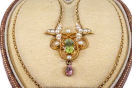 EDWARDIAN AMETHYST, PERIDOT & PEARL PENDANT, the Suffragette coloured stones in 15ct gold frame,