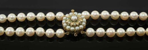 TWO STRAND CULTURED PEARL NECKLACE, with 9ct gold and pearl floral clasp, pearls 8mm diam., 81g.,