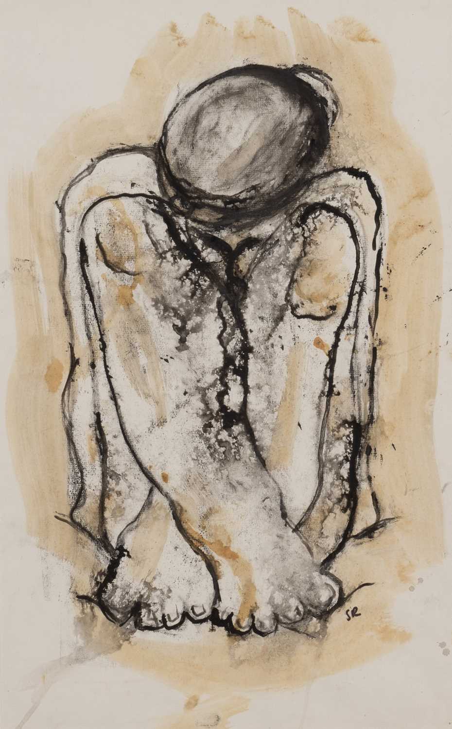 ‡ SUE ROBERTS monoprint with wash - entitled verso 'Sitting Woman I', signed with initials, 49 x