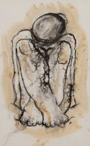 ‡ SUE ROBERTS monoprint with wash - entitled verso 'Sitting Woman I', signed with initials, 49 x