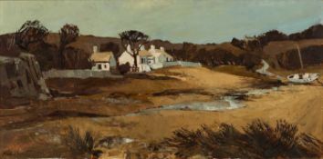 ‡ AUDREY HIND oil on board - entitled verso, 'Beach, Red Wharf', signed, 29.5 x 59.5cms
