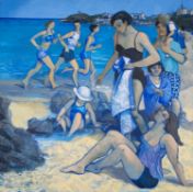 ‡ CLAUDIA WILLIAMS oil on canvas - entitled verso, 'Joggers and Bathers, Tenby', signed recto and