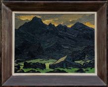 ‡ SIR KYFFIN WILLIAMS RA oil on canvas - Eryri (Snowdonia) landscape, entitled verso 'Moelwyn Mawr',
