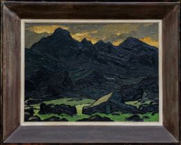 ‡ SIR KYFFIN WILLIAMS RA oil on canvas - Eryri (Snowdonia) landscape, entitled verso 'Moelwyn Mawr',