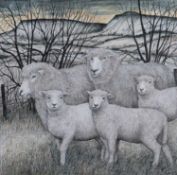 ‡ SEREN BELL mixed media - group of cheviot sheep and lambs in a winter landscape, entitled verso '