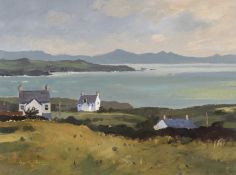 ‡ GARETH THOMAS oil - entitled verso, 'Houses Near Trearddur' on Albany Gallery label verso, signed,