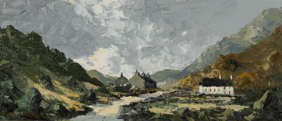 ‡ CHARLES WYATT WARREN oil on board - Eryri (Snowdonia) landscape with cottages, signed 23.5 x 54cms