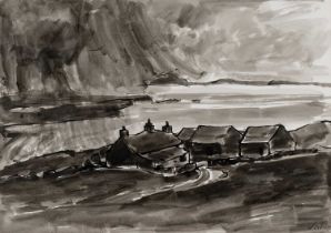 ‡ SIR KYFFIN WILLIAMS RA inkwash - Penrhyn Du Farm, Ynys Mon (Anglesey) with approaching storm,