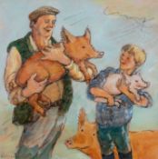 ‡ VIVIENNE LUXTON mixed media - farmer and son clutching pigs, signed, 27 x 27cms Provenance: