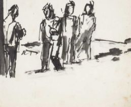 ‡ JOSEF HERMAN OBE RA ink - entitled verso, 'Miners' Pay Day' on Albany Gallery label, 15.5 x