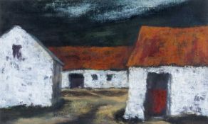 ‡ WENDY LLOYD oil on card - farm buildings, signed with initials, 25 x 40cms Provenance: private